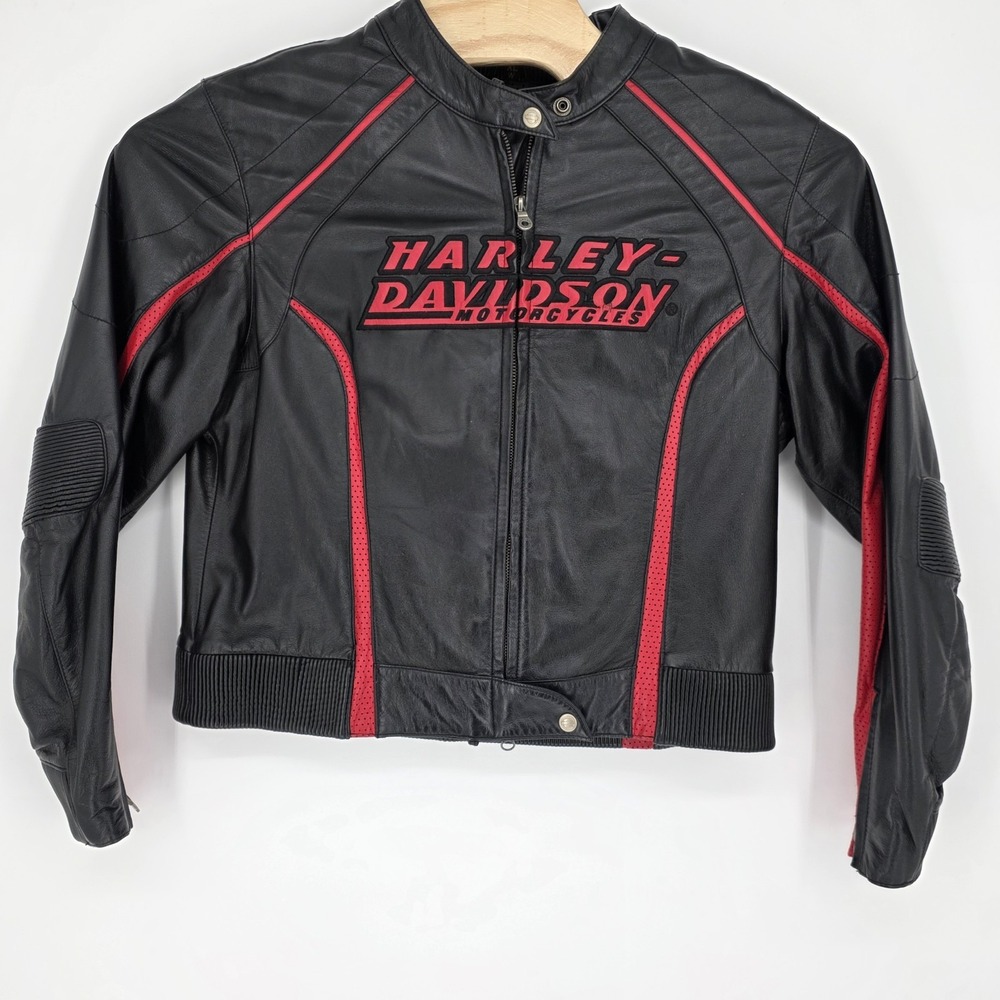 Harley Davidson Barchetta Womens XL Leather Riding Jacket Black Red Y2K Biker